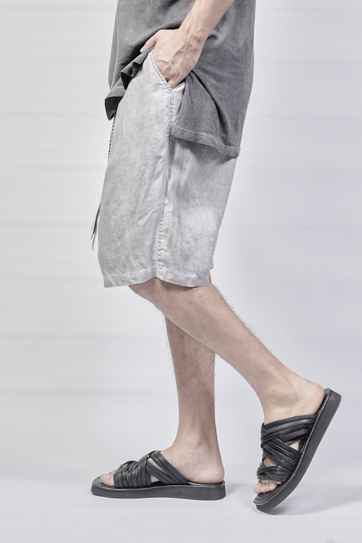 1801-PT18A/DN Linen Short Pants / Hand Stitching - Charcoal