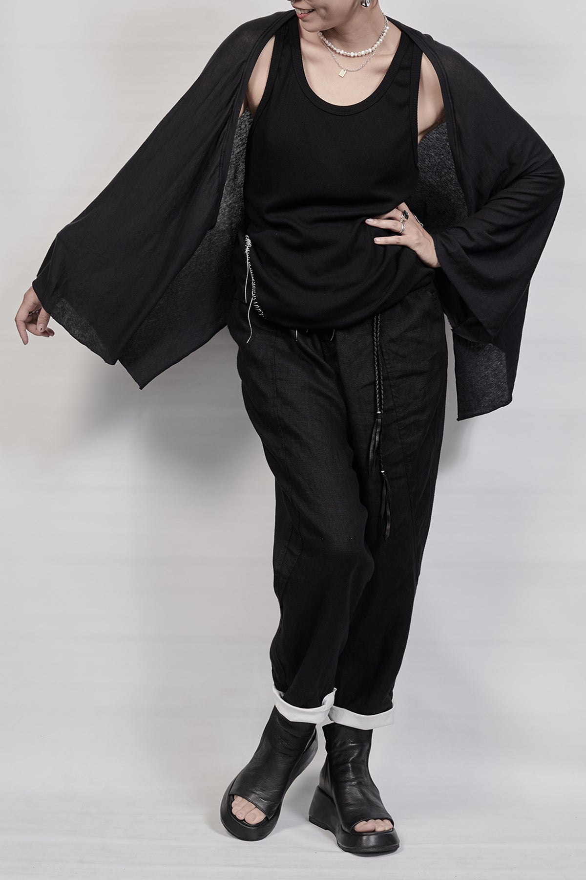 2301-TP06 Black Shadow Kimono Sleeve Top - Black