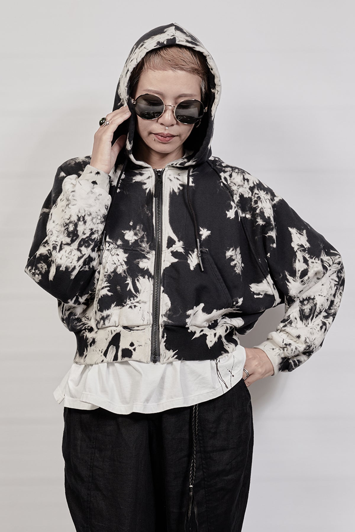 2302-TP01 Tie Dye Zip Up Parka - Black