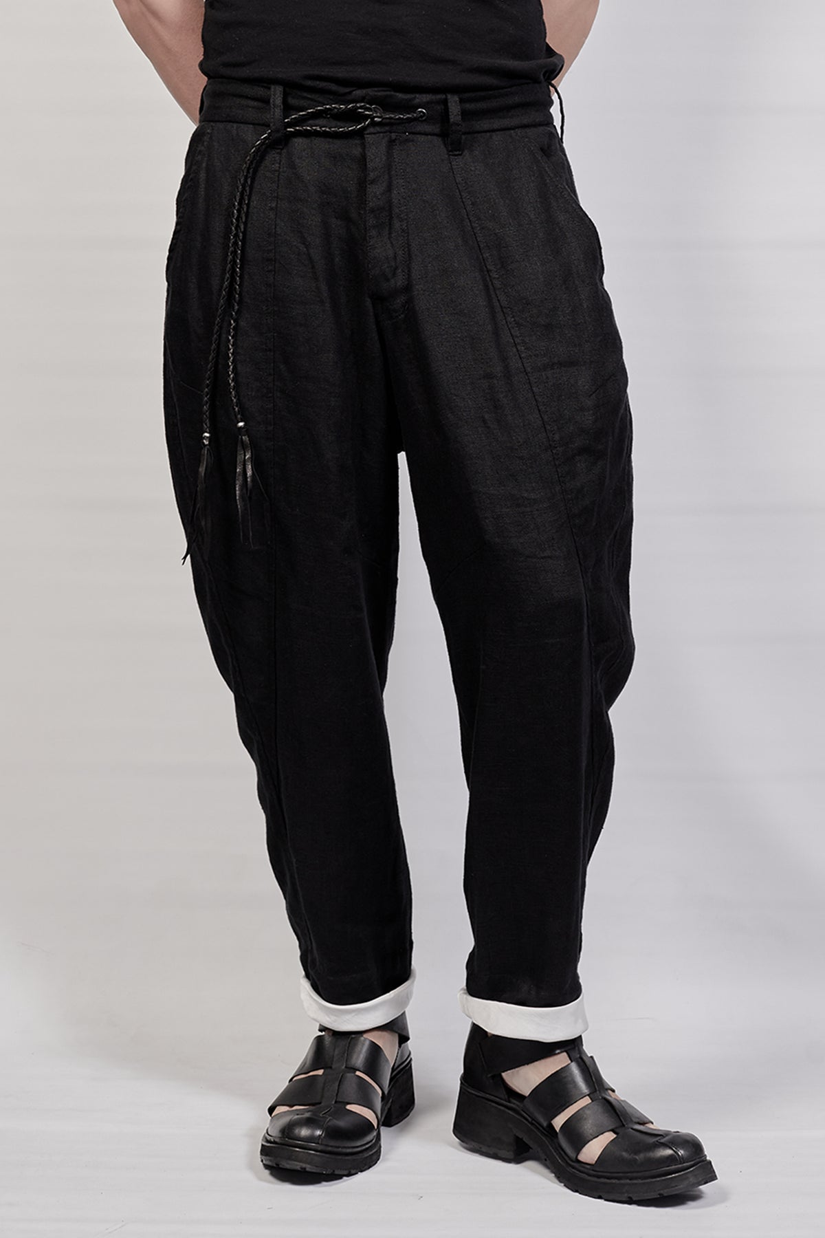 1701-PT03 Linen Layered Pants - Black
